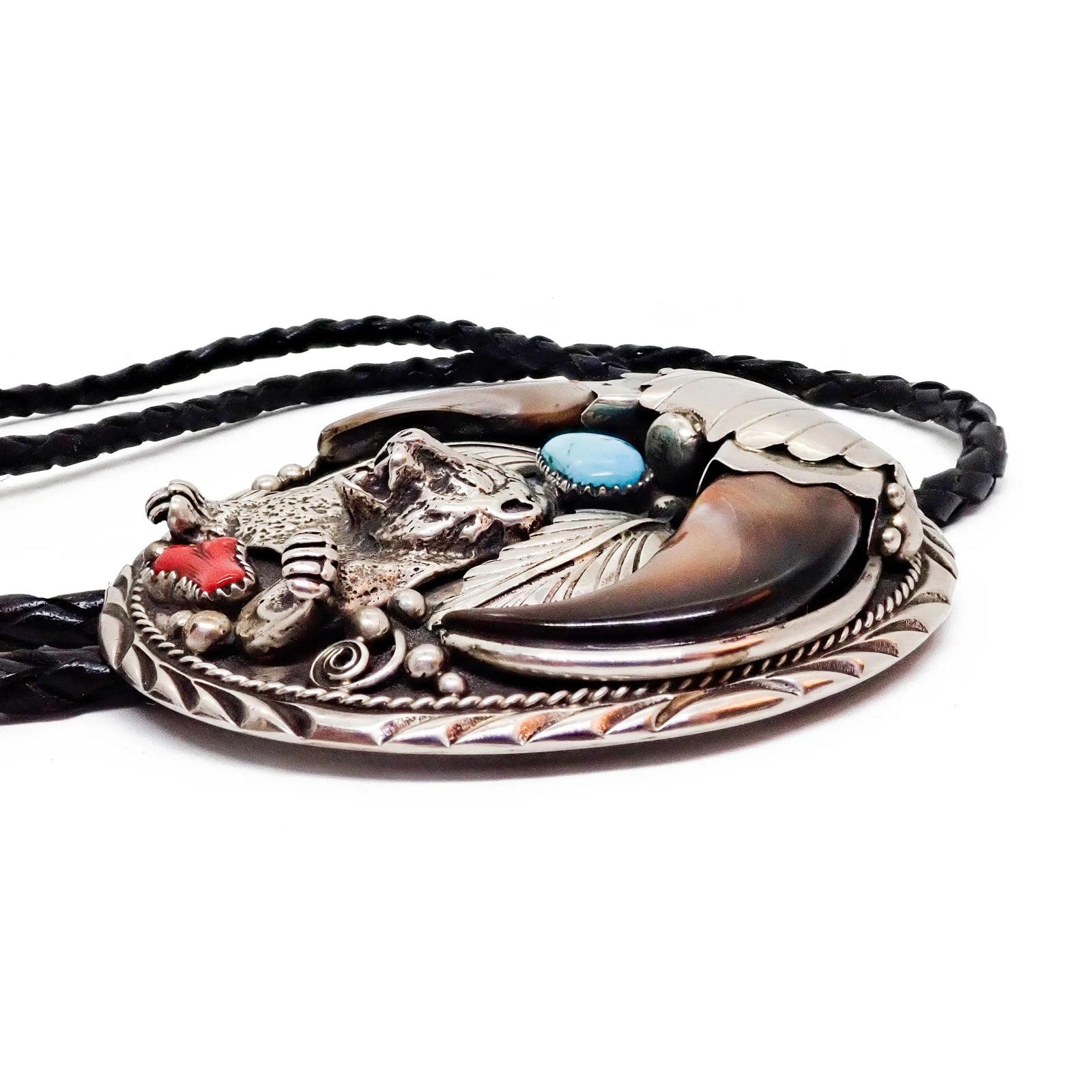 Native American Bear Claws Sleeping Beauty Turquoise & Coral Sterling Silver Sand Cast Bear Bolo Tie by E. SAM