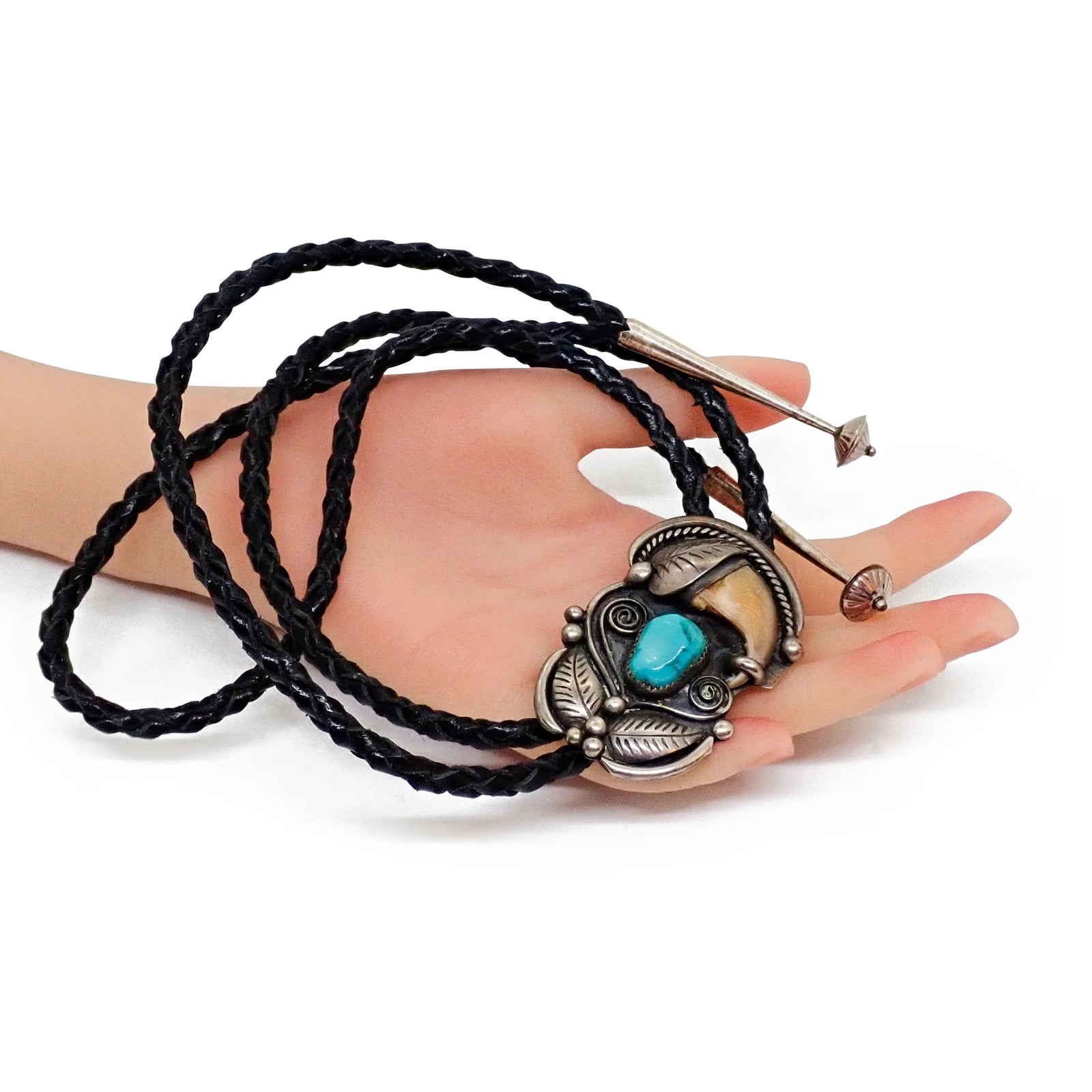 Native American Navajo Sleeping Beauty Turquoise & Bear Claw Sterling Silver Bolo Tie