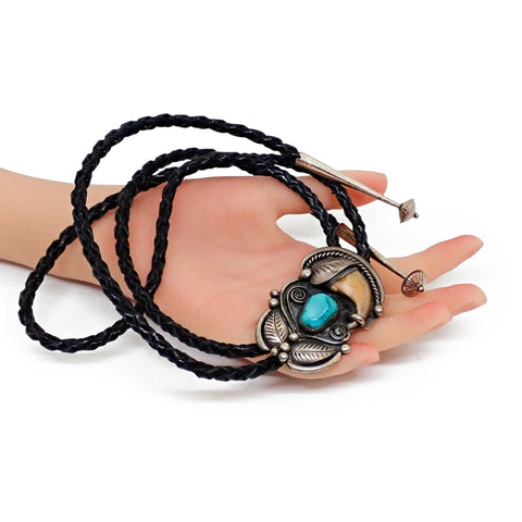 Native American Navajo Kingman Turquoise Bear Claw Sterling Silver Bolo Tie