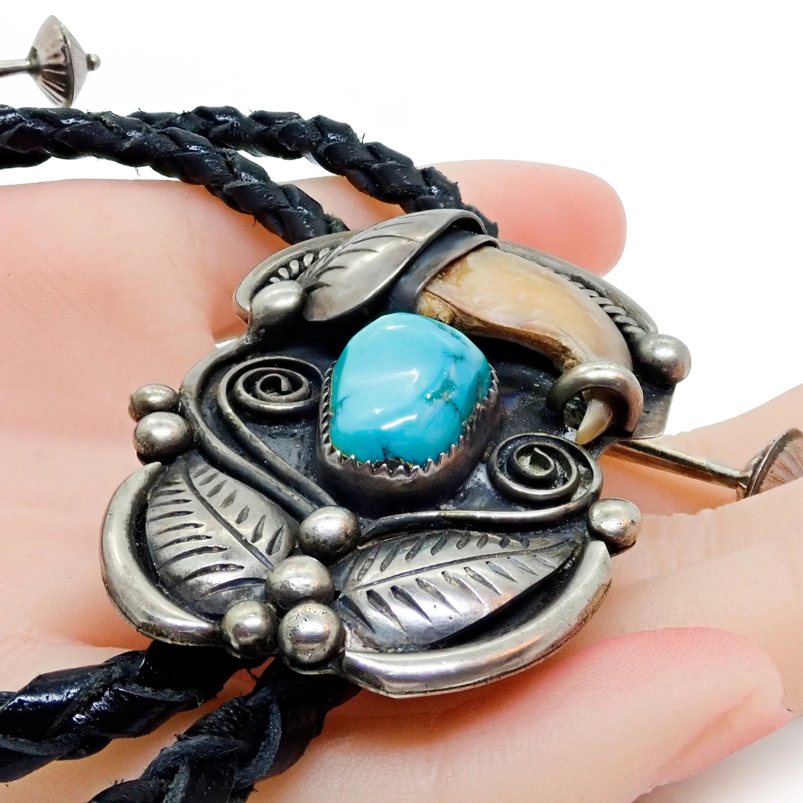 Native American Navajo Sleeping Beauty Turquoise & Bear Claw Sterling Silver Bolo Tie