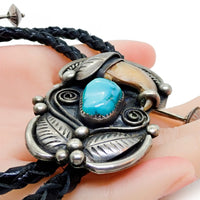 Native American Navajo Kingman Turquoise Bear Claw Sterling Silver Bolo Tie