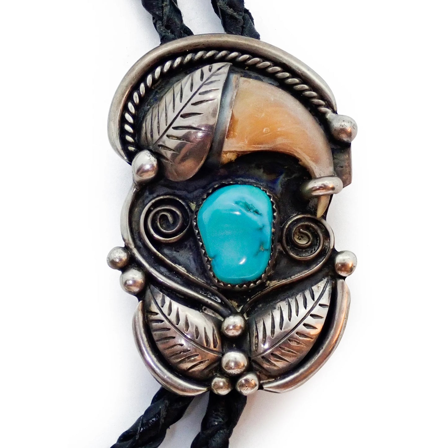 Native American Navajo Kingman Turquoise Bear Claw Sterling Silver Bolo Tie