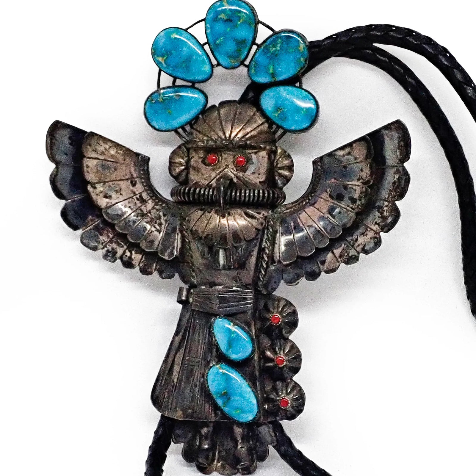 180-gram Massive Southwestern Navajo Turquoise & Coral Sterling Silver Eagle Dancer Kachina Bolo Tie by PETE MORGAN & BROKEN ARROW TRADERS
