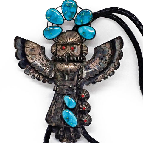 1970's Southwestern Blue Gem Turquoise & Coral Sterling Silver Eagle Dancer Kachina Bolo Tie by K. JOHNSON