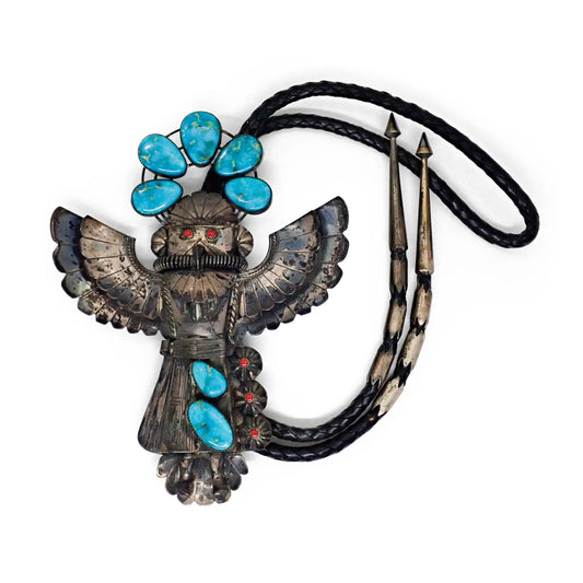 1970's Southwestern Blue Gem Turquoise & Coral Sterling Silver Eagle Dancer Kachina Bolo Tie by K. JOHNSON