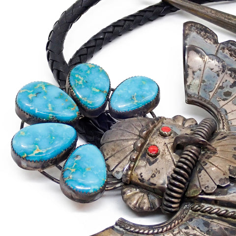 1970's Southwestern Blue Gem Turquoise & Coral Sterling Silver Eagle Dancer Kachina Bolo Tie by K. JOHNSON