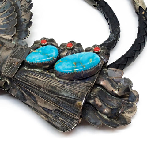 1970's Southwestern Blue Gem Turquoise & Coral Sterling Silver Eagle Dancer Kachina Bolo Tie by K. JOHNSON