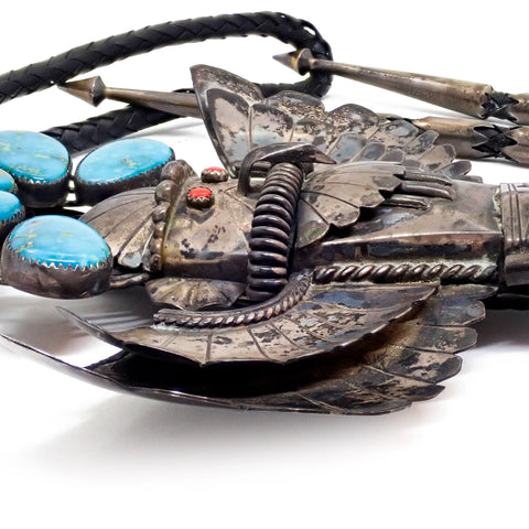 1970's Southwestern Blue Gem Turquoise & Coral Sterling Silver Eagle Dancer Kachina Bolo Tie by K. JOHNSON
