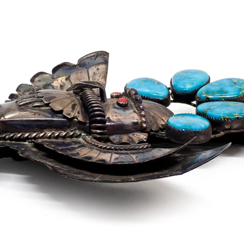 1970's Southwestern Blue Gem Turquoise & Coral Sterling Silver Eagle Dancer Kachina Bolo Tie by K. JOHNSON