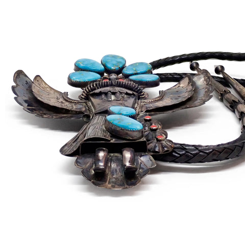 1970's Southwestern Blue Gem Turquoise & Coral Sterling Silver Eagle Dancer Kachina Bolo Tie by K. JOHNSON