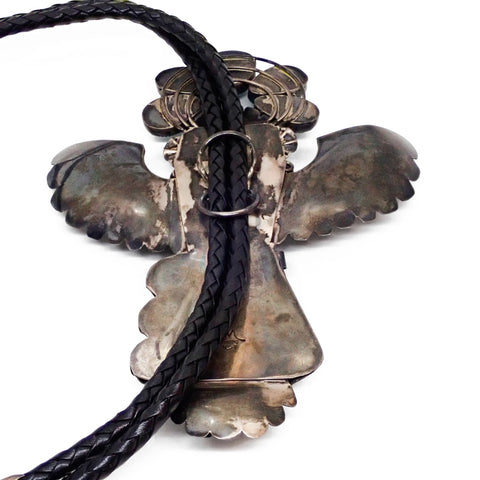 1970's Southwestern Blue Gem Turquoise & Coral Sterling Silver Eagle Dancer Kachina Bolo Tie by K. JOHNSON