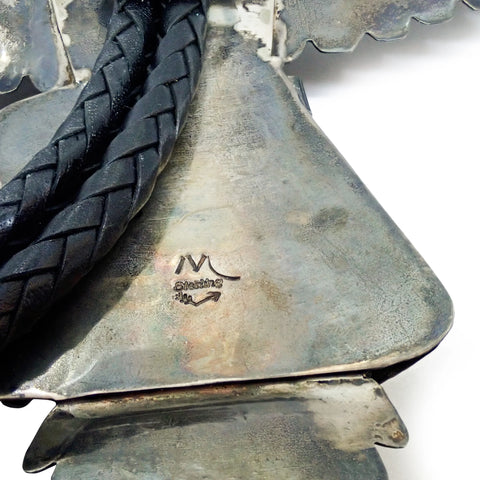 1970's Southwestern Blue Gem Turquoise & Coral Sterling Silver Eagle Dancer Kachina Bolo Tie by K. JOHNSON