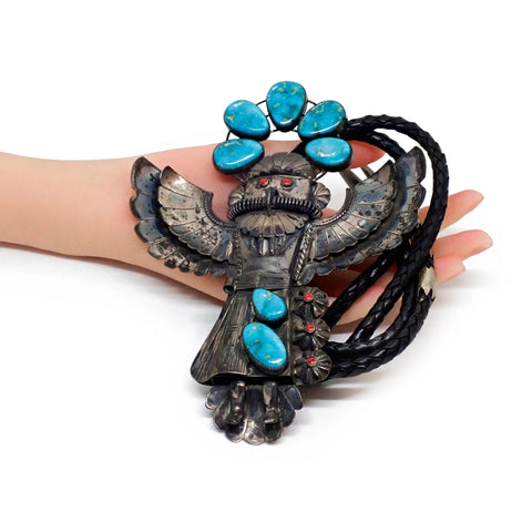 1970's Southwestern Blue Gem Turquoise & Coral Sterling Silver Eagle Dancer Kachina Bolo Tie by K. JOHNSON