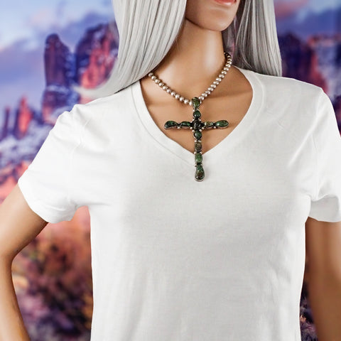 Large Native American Dark Green Turquoise Cluster Sterling Silver Cross Pendant by E.A.