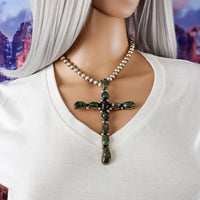 Large Native American Dark Green Turquoise Cluster Sterling Silver Cross Pendant by E.A.