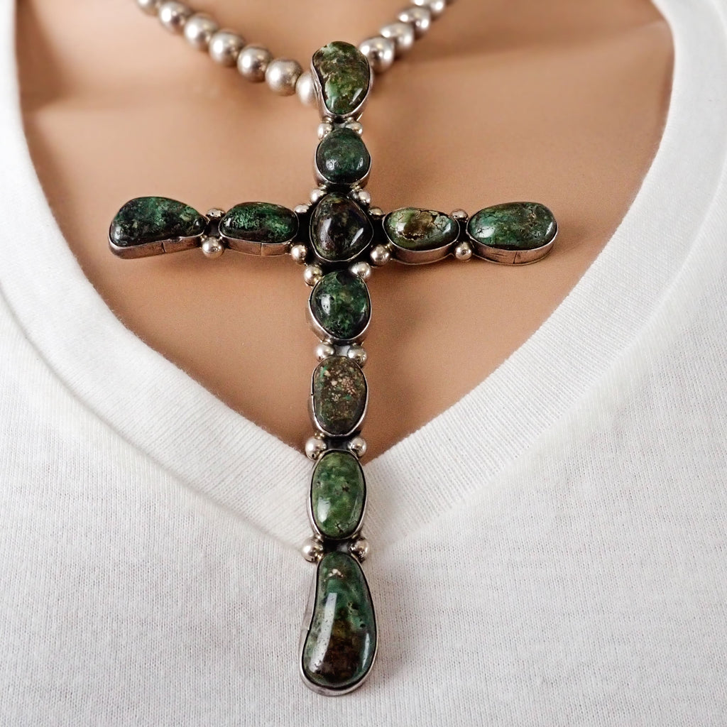 Large Native American Dark Green Turquoise Cluster Sterling Silver Cross Pendant by E.A.