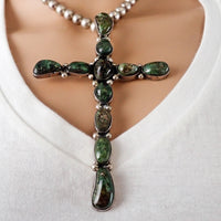 Large Native American Dark Green Turquoise Cluster Sterling Silver Cross Pendant by E.A.