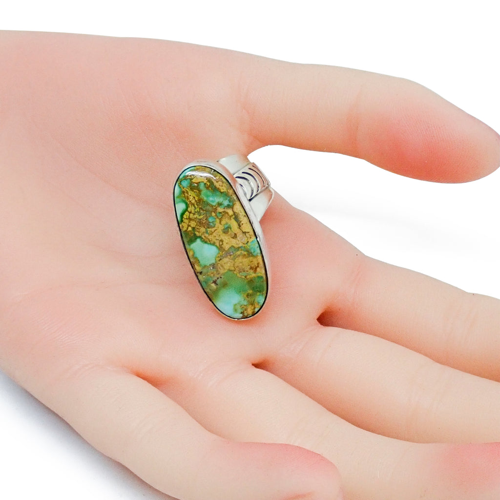 Native American Navajo Royston Turquoise Sterling Silver Chased Adjustable Ring by R. MAYES