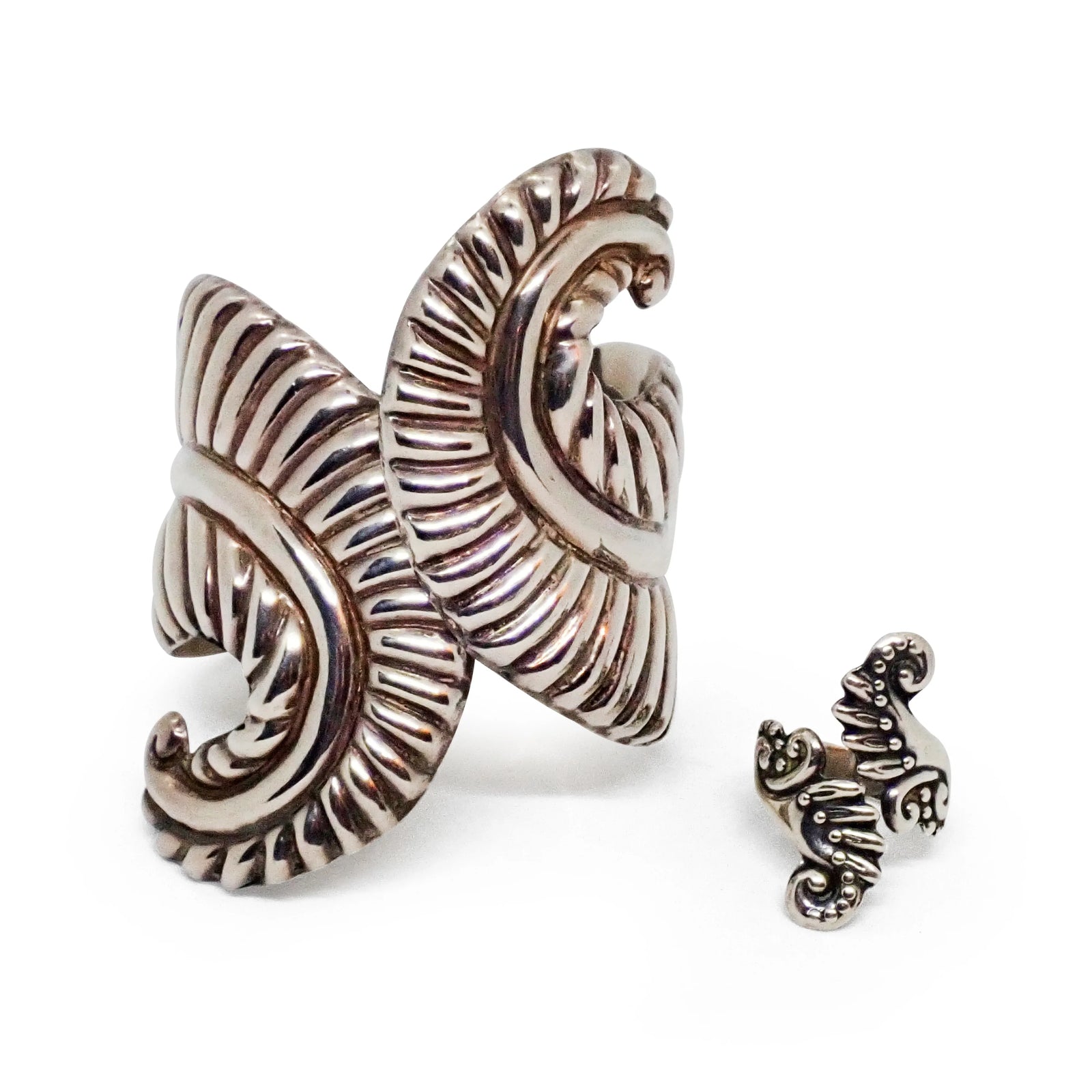 1950s TAXCO Sterling Silver Fern Motif Hinged Clamper Bracelet & Ring Set