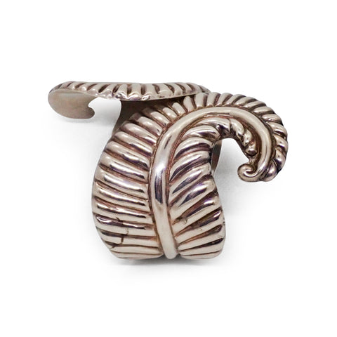 1950s TAXCO Sterling Silver Swirl Fern Motif Hinged Clamper Bracelet & Ring Set