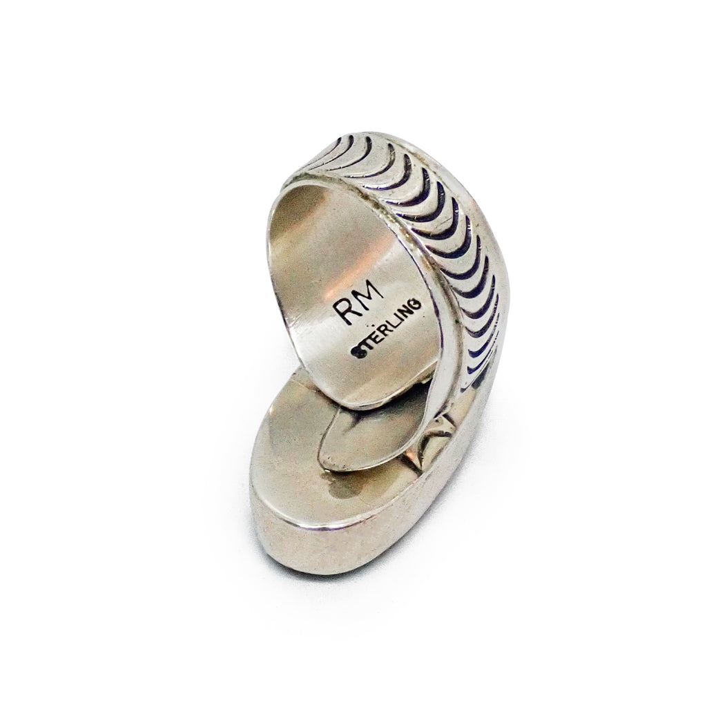 Native American Navajo Royston Turquoise Sterling Silver Chased Adjustable Ring by R. MAYES