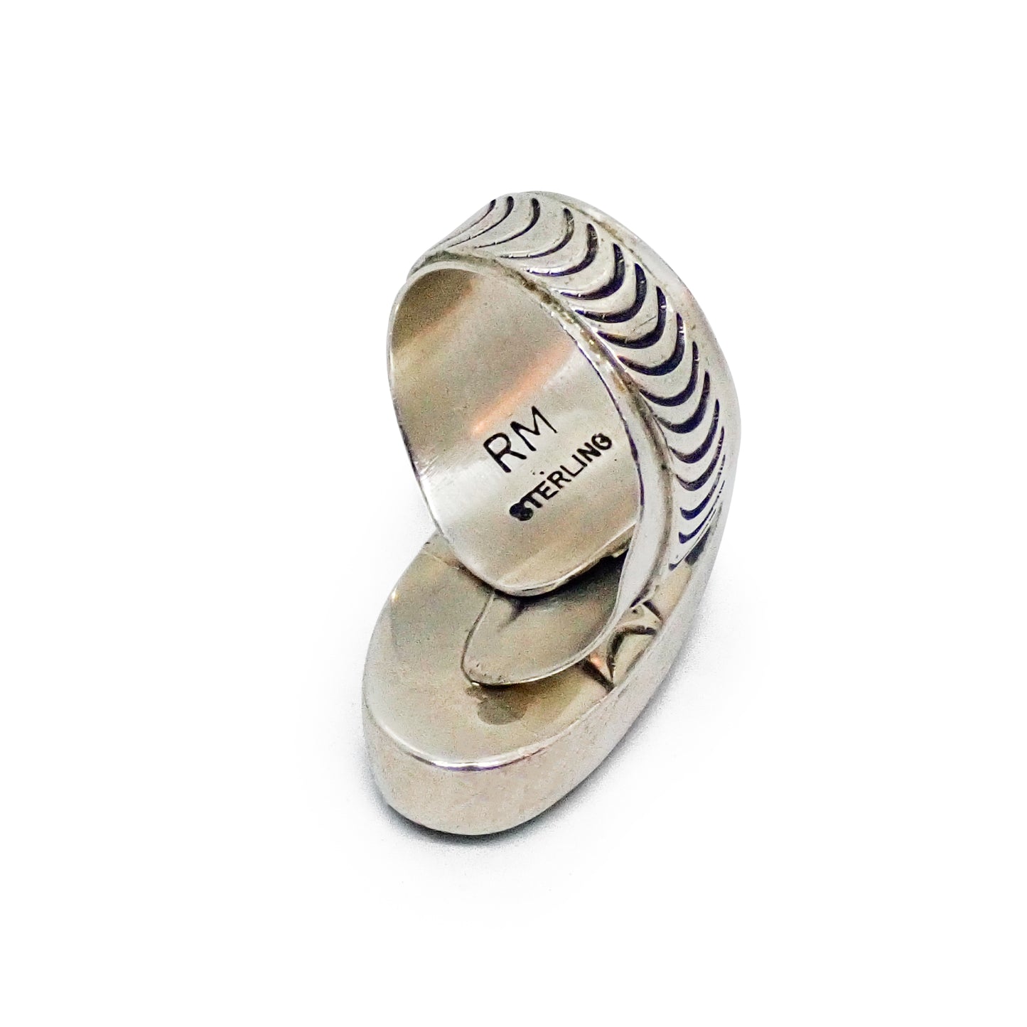 Native American Navajo Royston Turquoise Sterling Silver Chased Adjustable Ring by R. MAYES