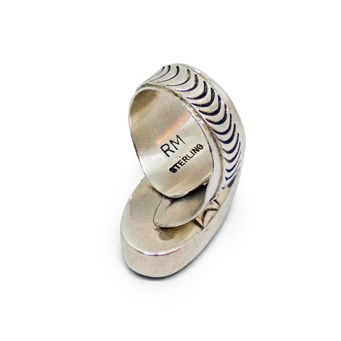 Native American Navajo Royston Turquoise Sterling Silver Chased Adjustable Ring by R. MAYES