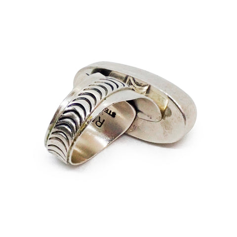 Native American Navajo Royston Turquoise Sterling Silver Chased Adjustable Ring by R. MAYES