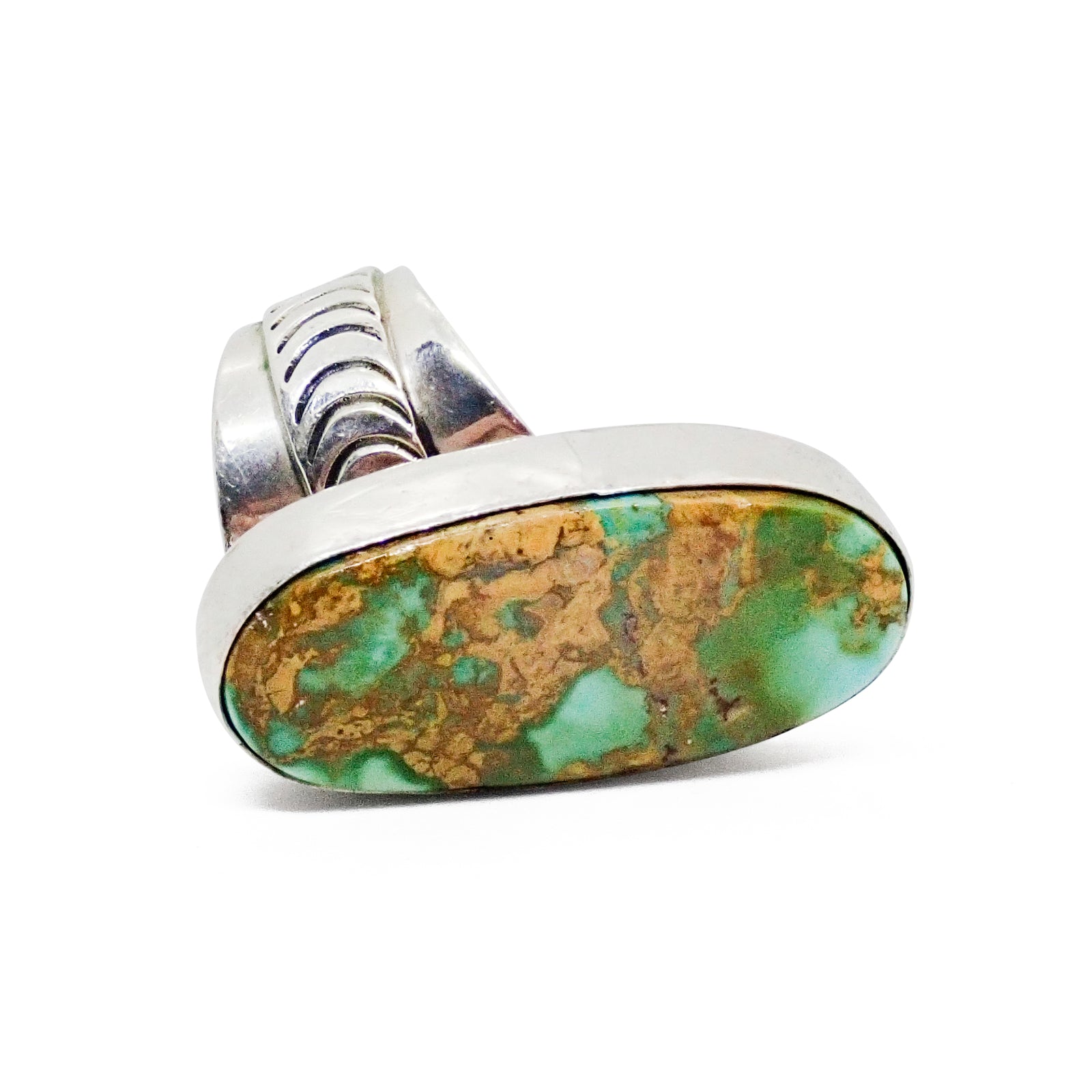 Native American Navajo Royston Turquoise Sterling Silver Chased Adjustable Ring by R. MAYES