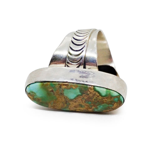 Native American Navajo Royston Turquoise Sterling Silver Chased Adjustable Ring by R. MAYES