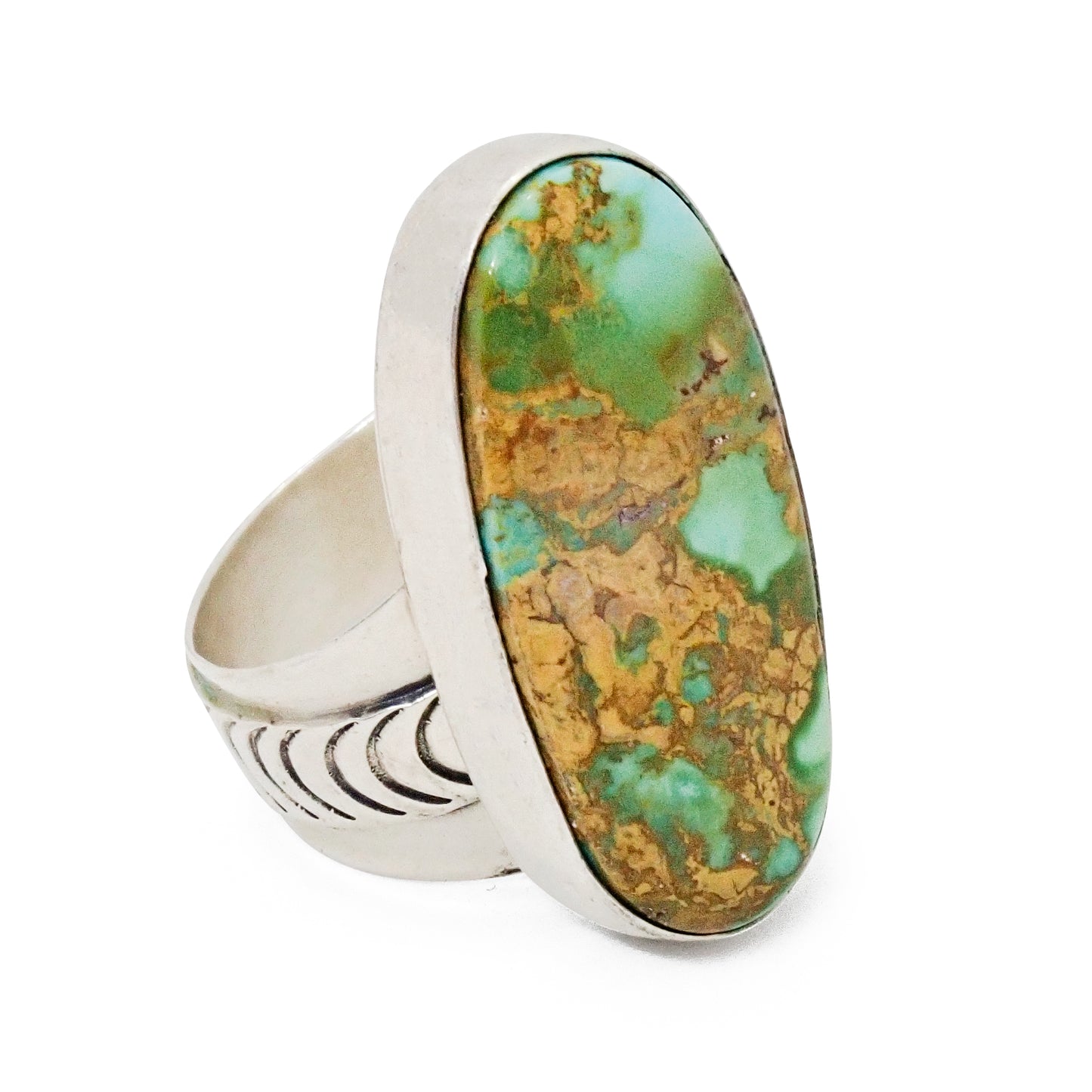 Native American Navajo Royston Turquoise Sterling Silver Chased Adjustable Ring by R. MAYES