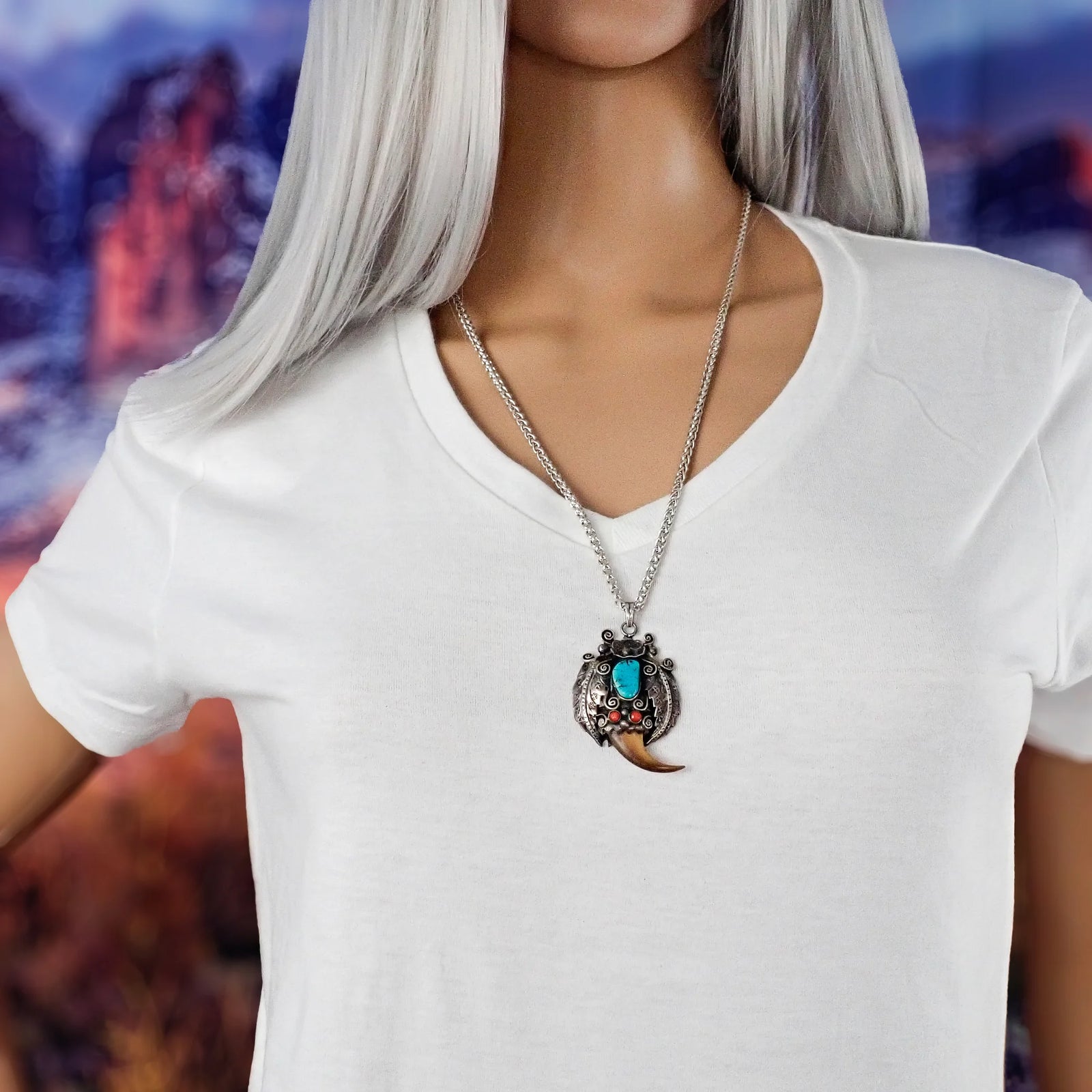 Native American Sleeping Beauty Turquoise Coral & Bear Claw Sterling Silver Pendant Signed