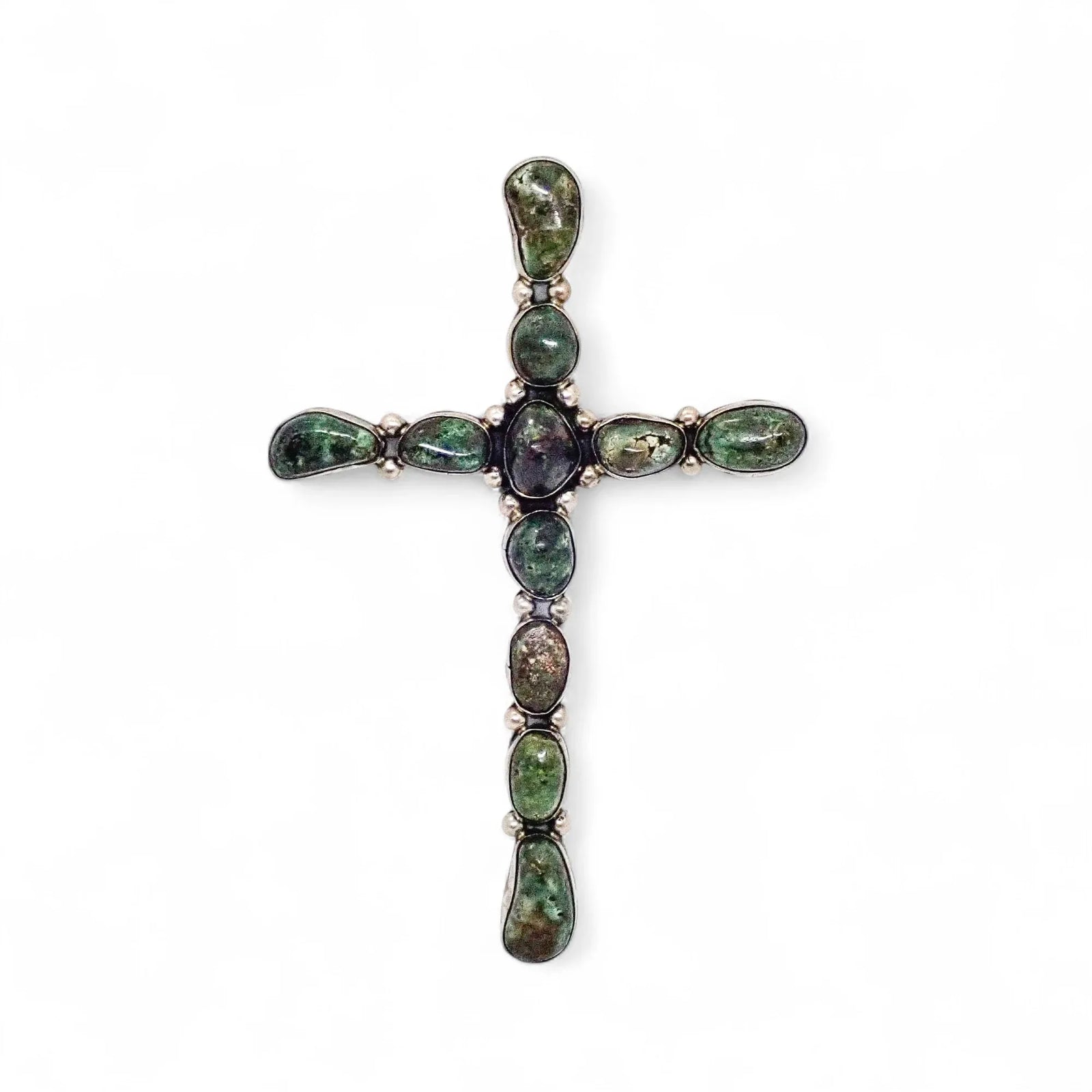 Extra-Large Navajo Green Turquoise Cluster Sterling Silver Cross Pendant by E. Anderson