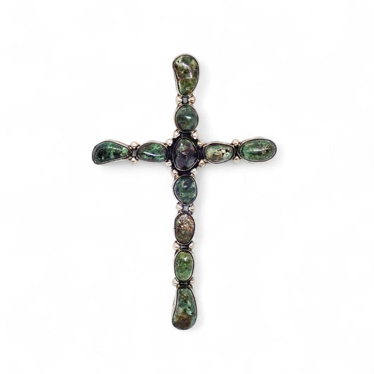 Large Native American Dark Green Turquoise Cluster Sterling Silver Cross Pendant by E.A.