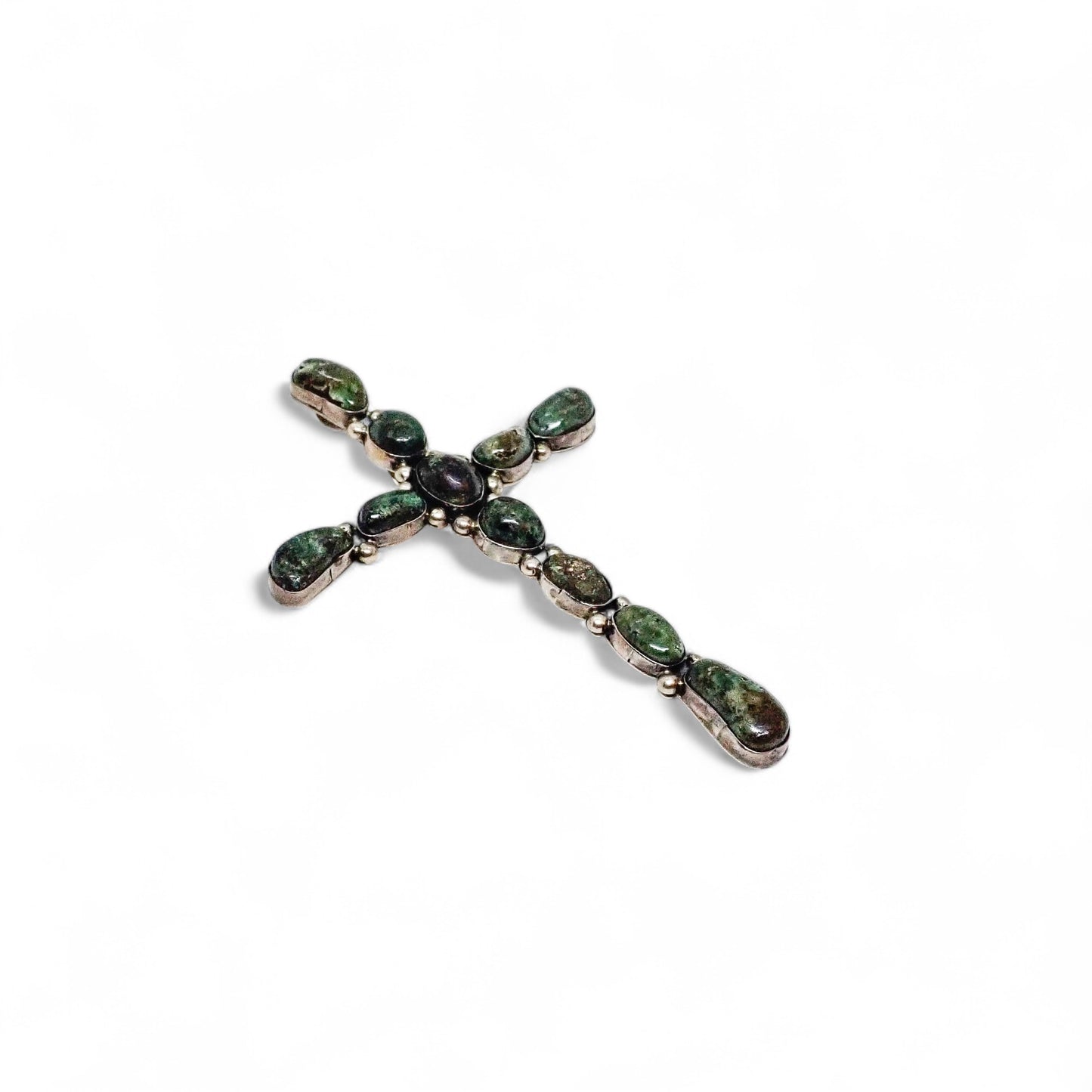 Large Native American Dark Green Turquoise Cluster Sterling Silver Cross Pendant by E.A.