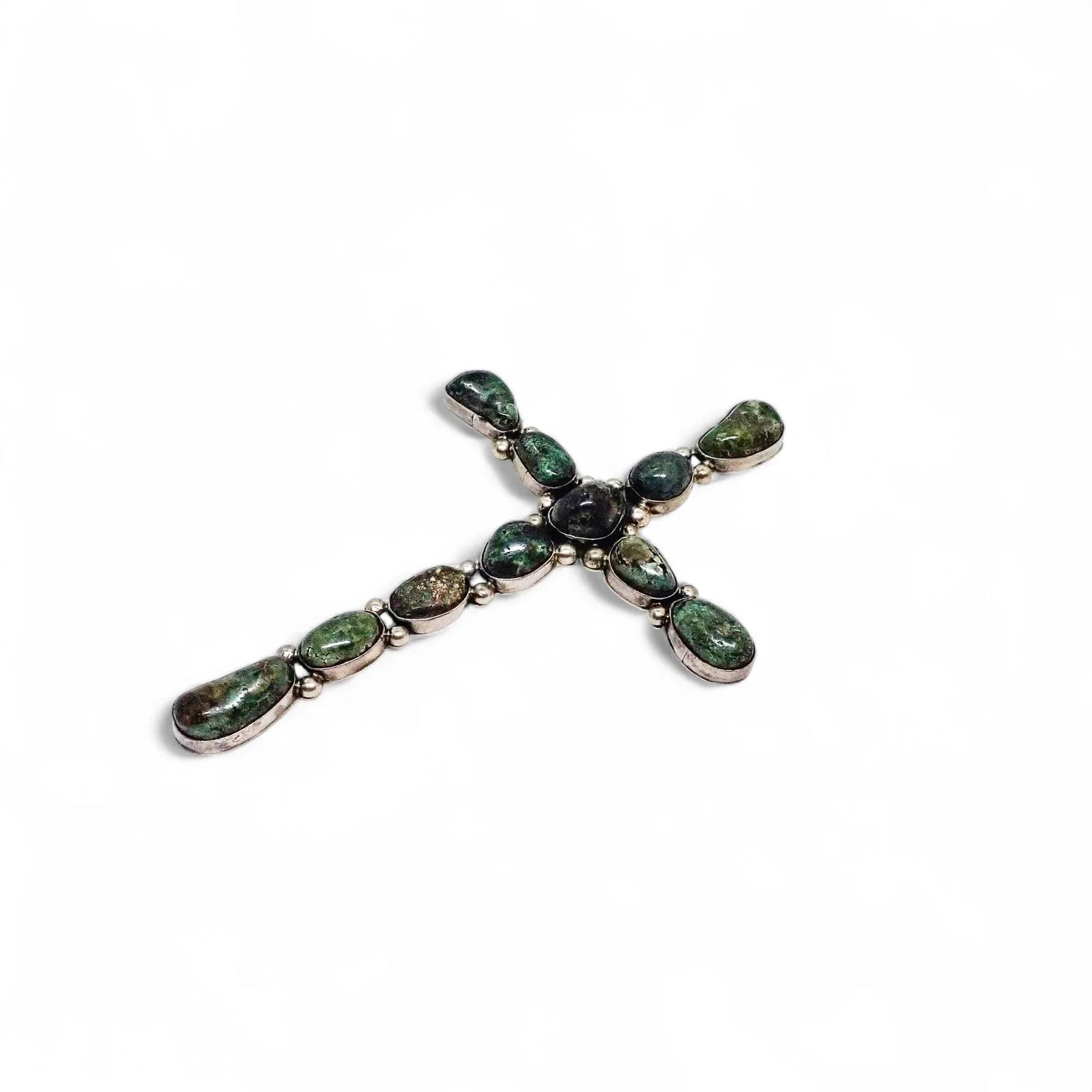 Extra-Large Navajo Green Turquoise Cluster Sterling Silver Cross Pendant by E. Anderson