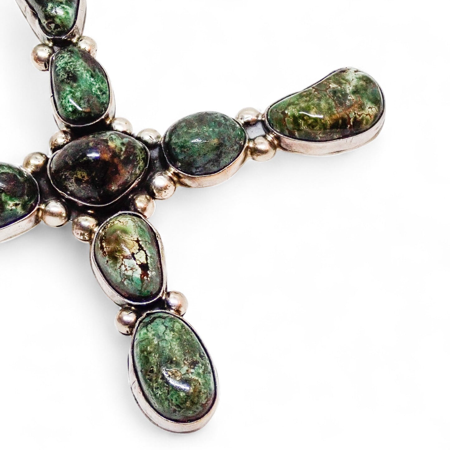 Large Native American Dark Green Turquoise Cluster Sterling Silver Cross Pendant by E.A.