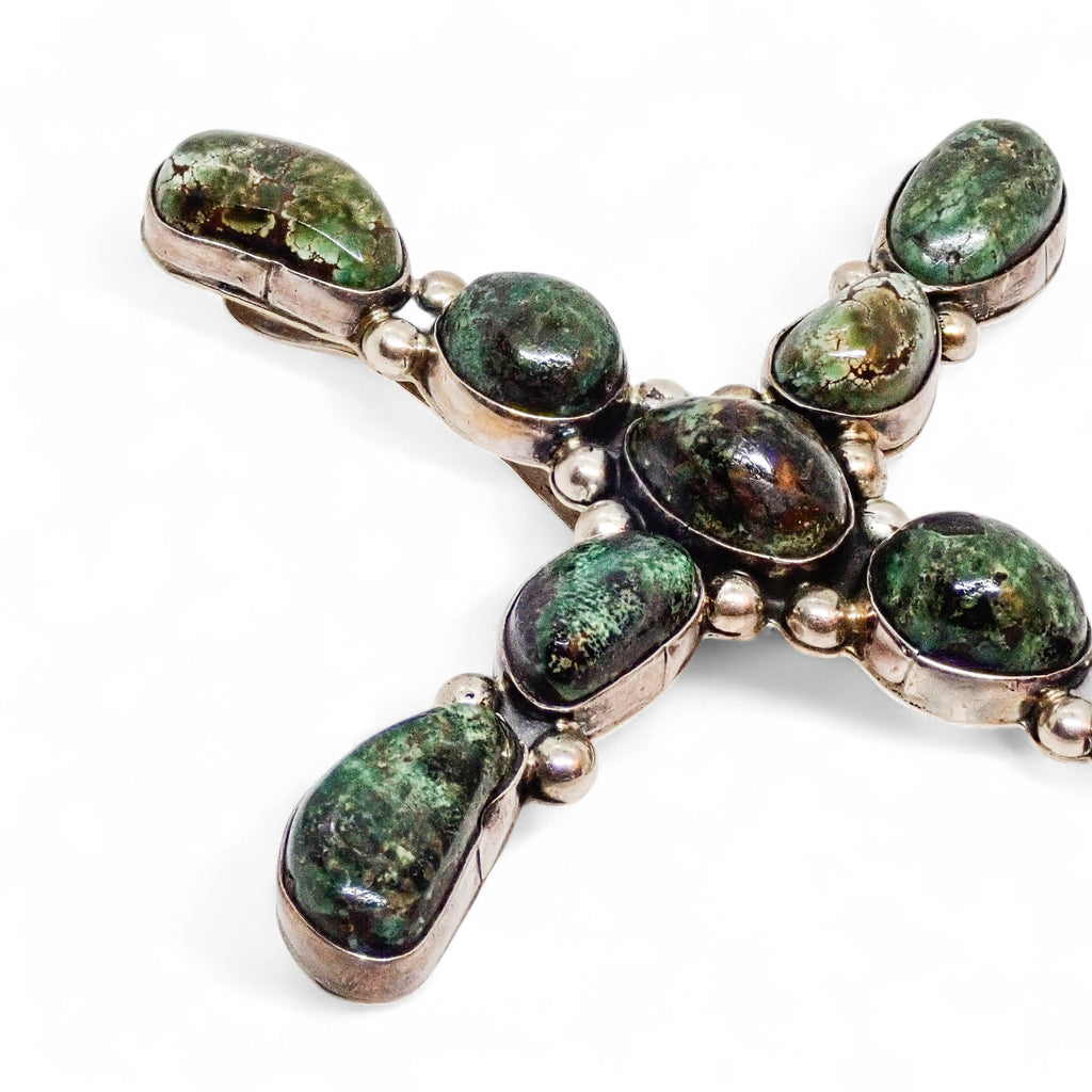 Large Native American Dark Green Turquoise Cluster Sterling Silver Cross Pendant by E.A.
