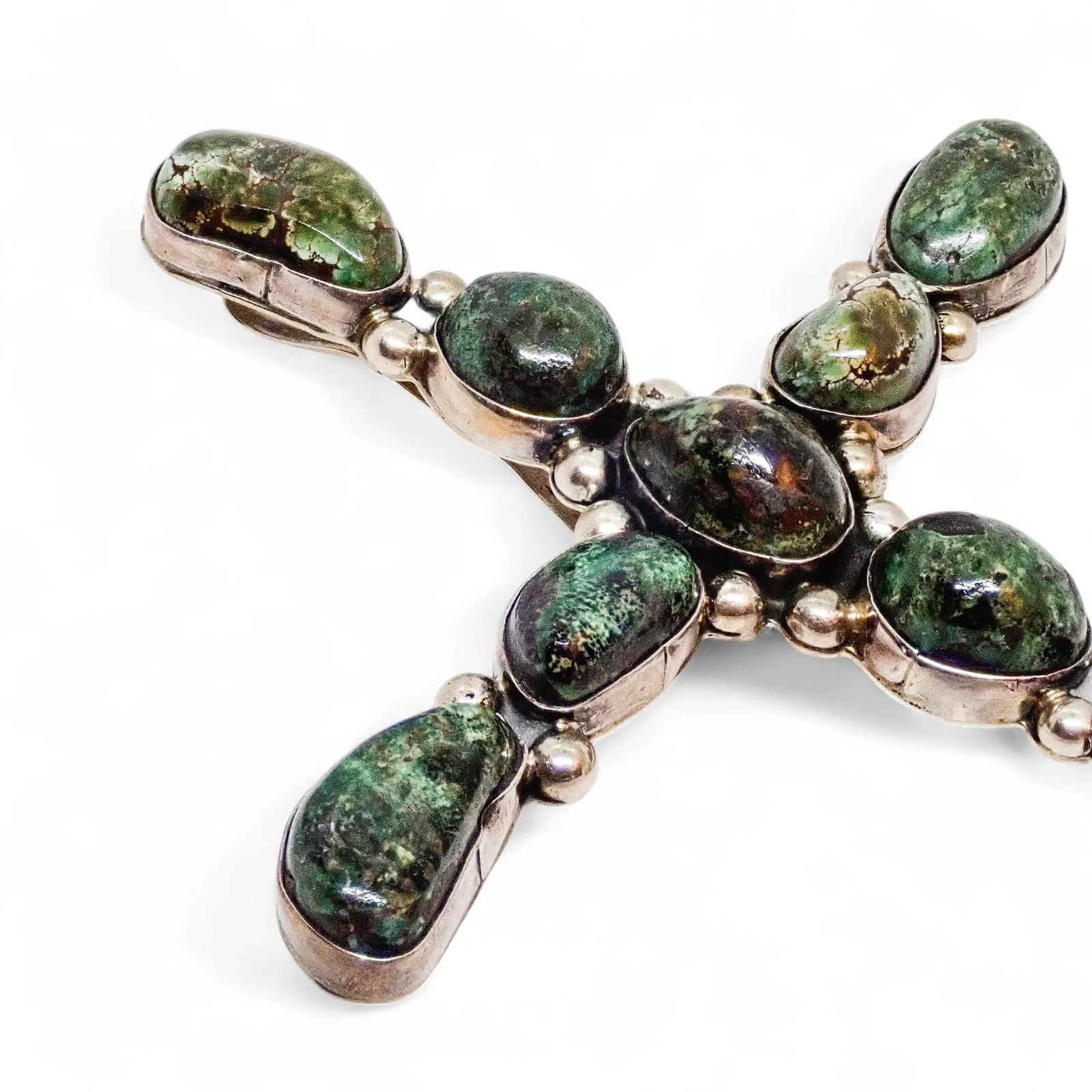 Extra-Large Navajo Green Turquoise Cluster Sterling Silver Cross Pendant by E. Anderson