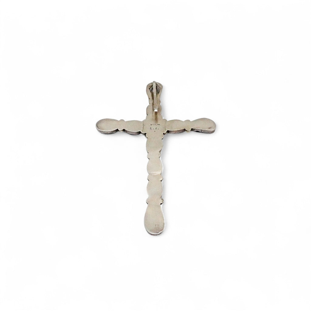 Large Native American Dark Green Turquoise Cluster Sterling Silver Cross Pendant by E.A.