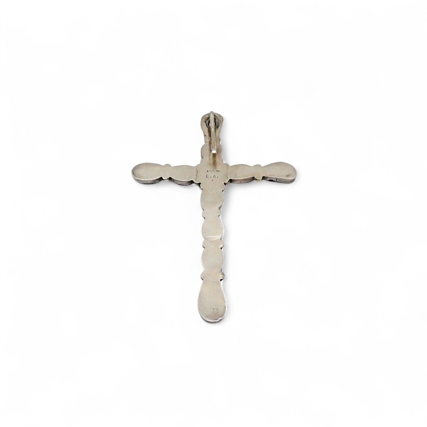 Large Native American Dark Green Turquoise Cluster Sterling Silver Cross Pendant by E.A.