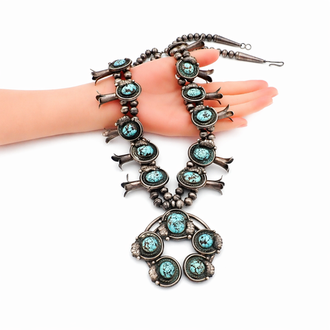 297-Gram Navajo Persian Spiderweb Turquoise Four-Petal Squash Blossom Necklace SIGNED GV