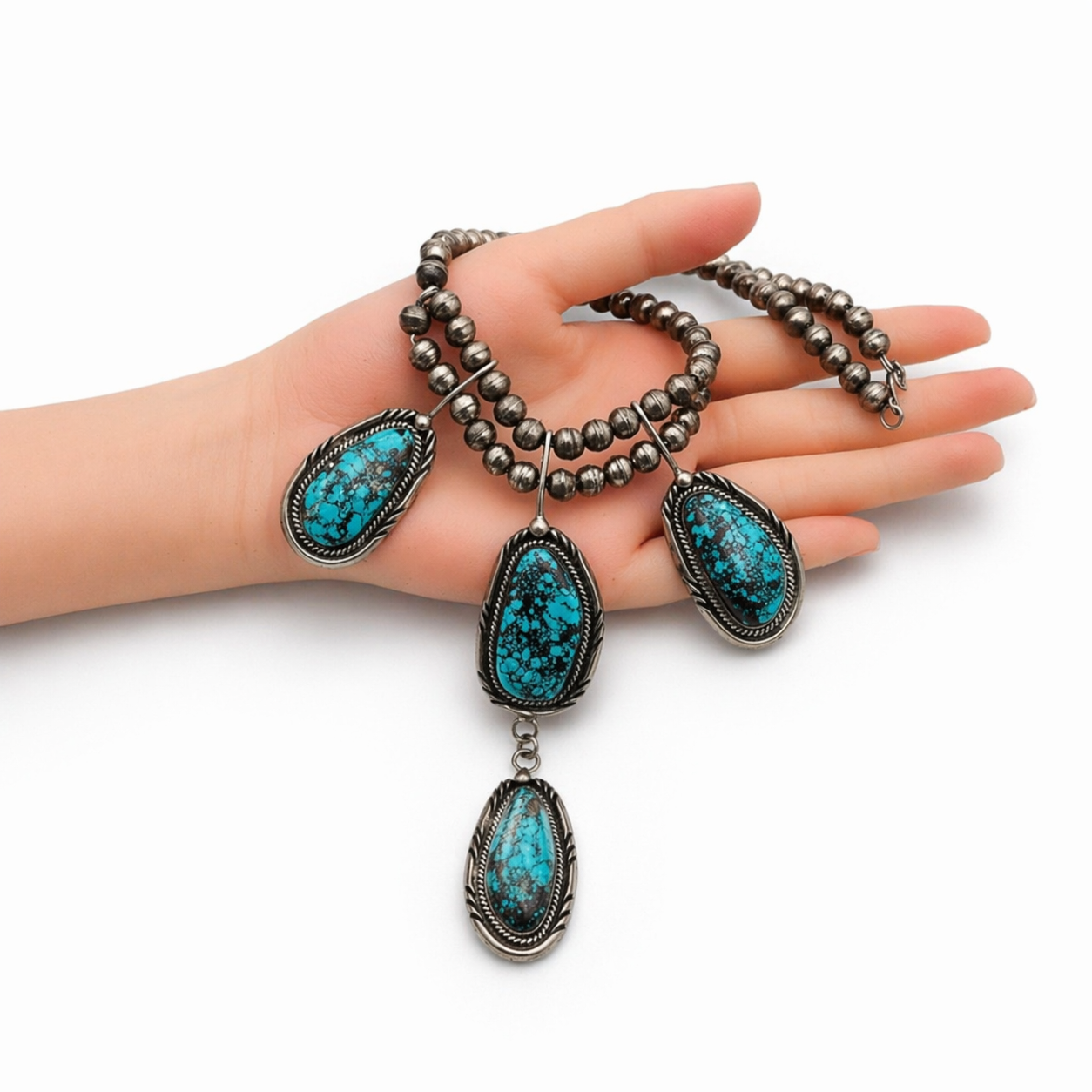 90-Gram Navajo Saturated Blue Spiderweb Turquoise Sterling Silver Station Necklace by B. SANDOVAL