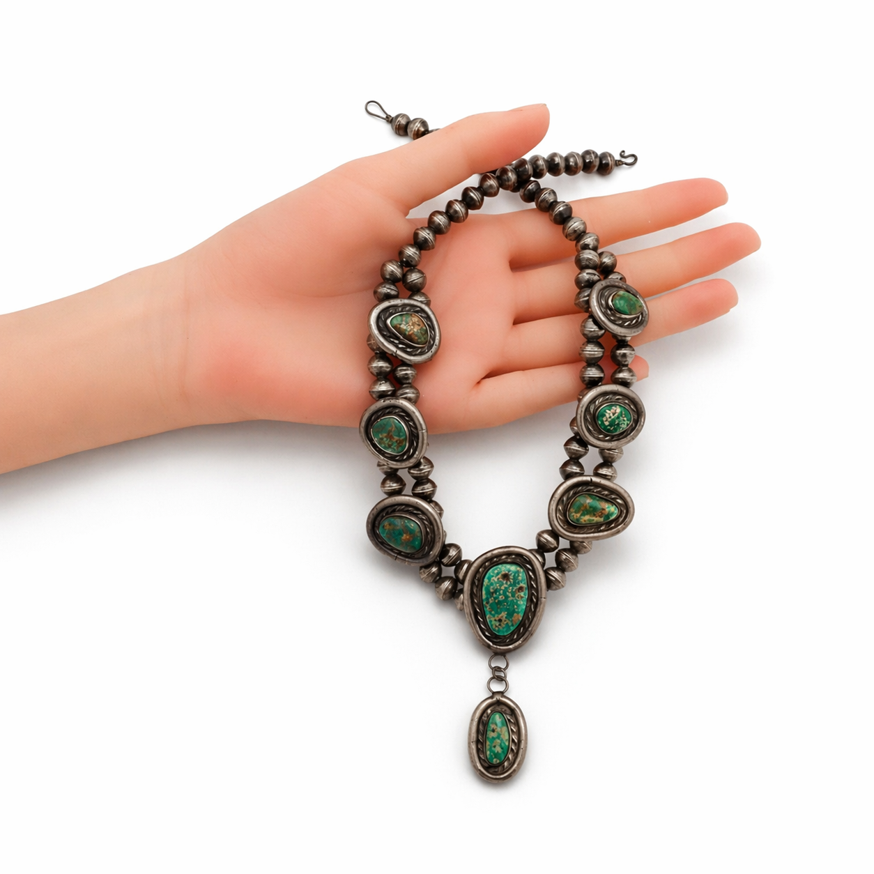 88-Gram Navajo Fox Turquoise Sterling Silver Eight-Stone Station Bead Necklace