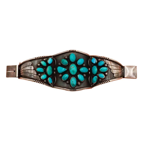 97-Gram Navajo Gem-Grade Blue & Teal Turquoise Cluster Three-Panel Hinged Bracelet
