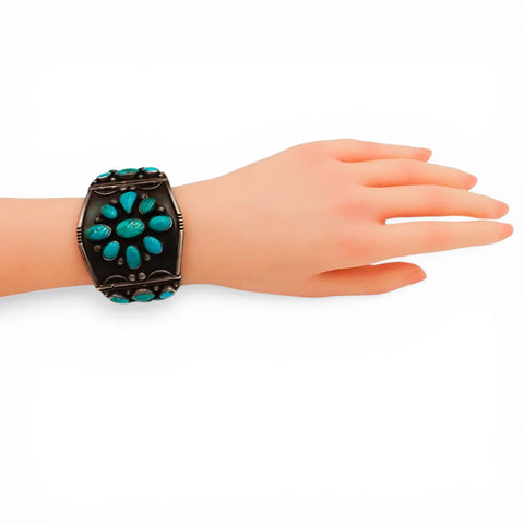 97-Gram Navajo Gem-Grade Blue & Teal Turquoise Cluster Three-Panel Hinged Bracelet
