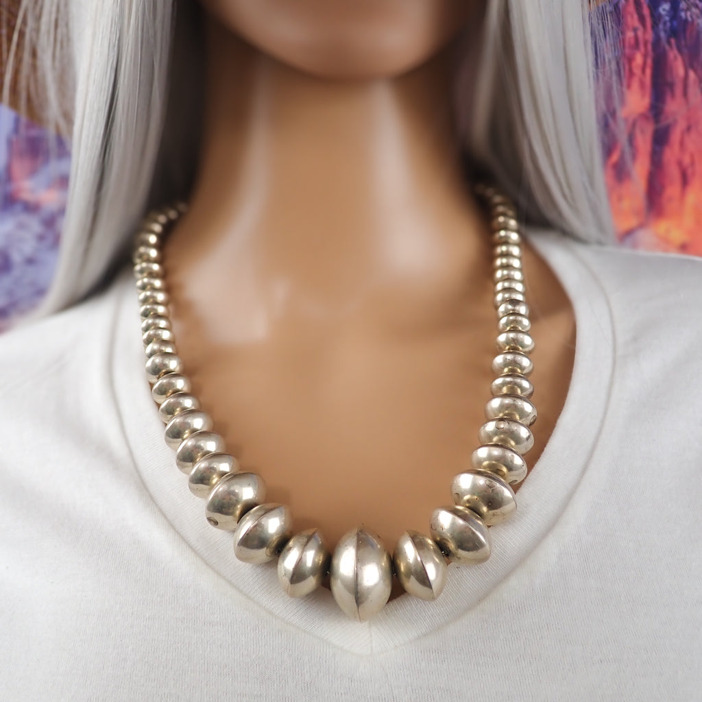 Native American Navajo Smooth Sterling Silver Graduated Navajo Pearls Bead Necklace by L. YAZZIE