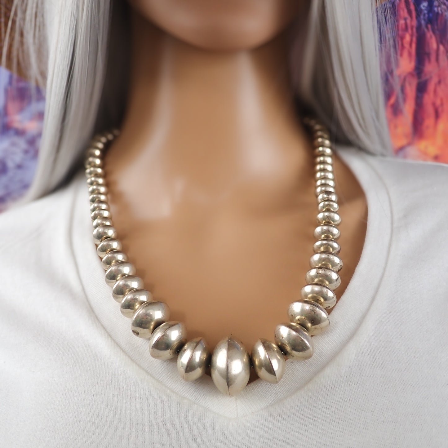 Native American Navajo Smooth Sterling Silver Graduated Navajo Pearls Bead Necklace by L. YAZZIE