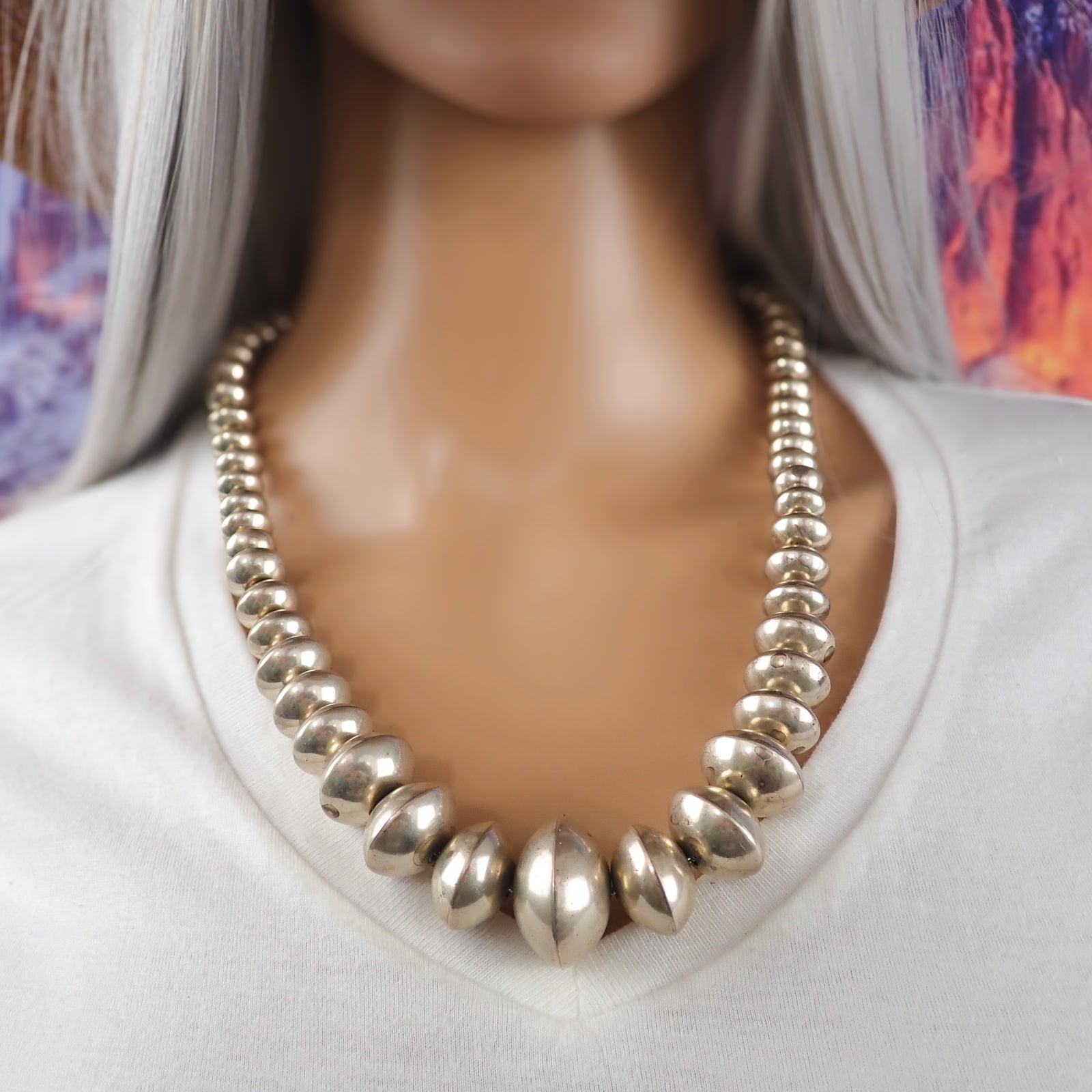 Native American Navajo Smooth Sterling Silver Graduated Navajo Pearls Bead Necklace by L. YAZZIE