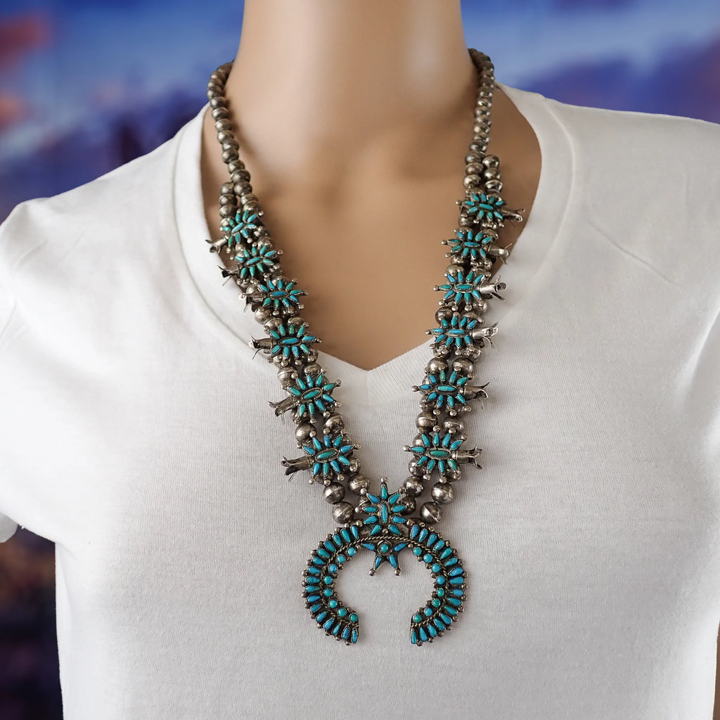 Mid-Century Native American Zuni Turquoise Petit Point Cluster Squash Blossom Sterling Silver Necklace